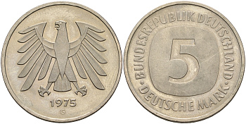 ФРГ 5 марок 1975 G, монетный двор Карлсруэ КМ 140.1, J. 415 медно-никель плакированный никелем UNC 4185-116