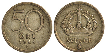 Швеция 50 эре 1944 G, Густав V (1907-1950) KM 817 серебро 76-934