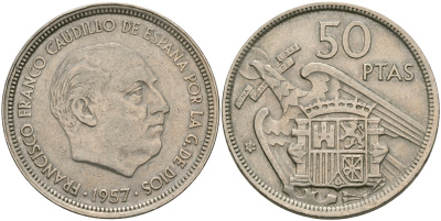 Испания 50 песет 1957 (59) Франсиско Франко (1939-1975) KM 788 медно-никель 08-712