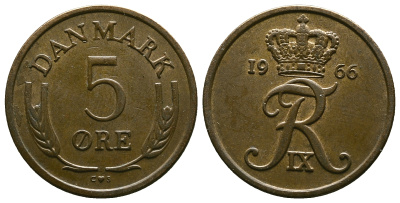 Дания 5 эре 1966 C; S, Фредерик IX (1947-1972) KM 848.1 бронза 4383-1051
