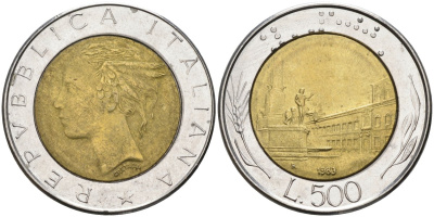 Италия 500 лир 1983 R, Квиринальский дворец KM 111 биметалл UNC 4116-1257