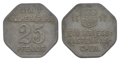 Мюльхайм-на-Руре 25 пфеннигов 1917 Funck 344.1, Men05 17152.1, Men18 21517.1 цинк 4643-912