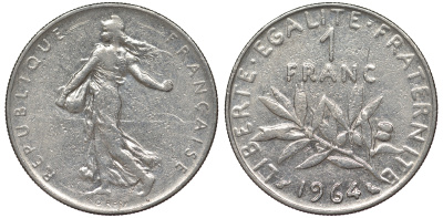 Франция 1 франк 1964 сеятель KM 925.1, Le Franc 226.8 никель 25-2351