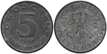 АВСТРИЯ 5 ГРОШЕЙ 1957 KM 2875 цинк 112-669