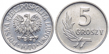 Польша 5 грошей 1970 MW  KM A46, Parchimowicz 204j алюминий UNC 112-366