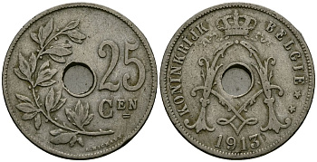 Бельгия 25 сантимов 1913 Belgie KM 69 медно-никель 4165-736