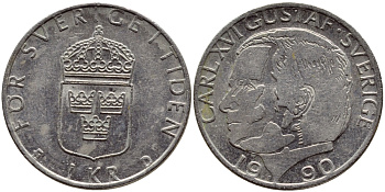 Швеция 1 крона 1990 Карл XVI Густав (1973- ) KM 852a медно-никель 4398-1233