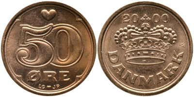 Дания 50 эре 2000 Маргрете II (1972- ) KM 866.2 бронза UNC 28-1124