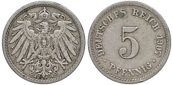 ГЕРМАНИЯ 5 ПФЕННИГОВ 1907 A, KM 11, J. 12 медно-никель 45-1129