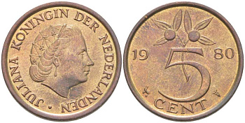 Нидерланды 5 центов 1980 Юлиана (1948-1980) KM 181 бронза 213-1155