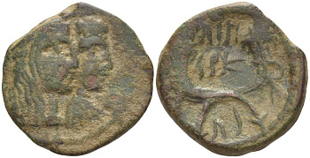 Набатея AE 20 - 40 гг. Арета IV, бюсты Ареты IV и царицы Шакилат / два рога изобилия, Петра Meshorer 114 медь 1073-21-103