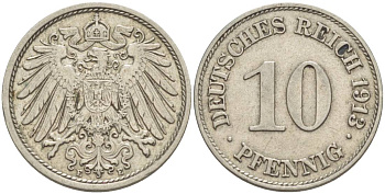 Германия 10 пфеннигов 1913 E KM 12, Jager 13, Weege 8 медно-никель 219-233