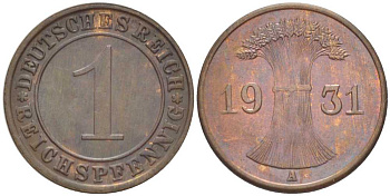 ГЕРМАНИЯ 1 РЕЙХСПФЕННИГ 1931 A KM 37, J. 313, Weege 2 бронза 206-841