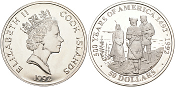 ОСТРОВА КУКА 50 ДОЛЛАРОВ 1992 500 ЛЕТ ОТКРЫТИЮ АМЕРИКИ, САКАГАВЕЯ УКАЗЫВАЕТ ПУТЬ ЛЬЮИСУ И КЛАРКУ, ВЕС 31,1035 ГР. KM 201 серебро PROOF 1074-7-51