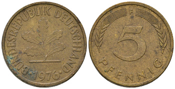 ФРГ 5 пфеннигов 1976 F KM 107, J.382 сталь плакированная латунью 4651-1121