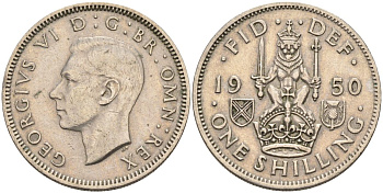 Великобритания 1 шиллинг 1950 Георг VI (1936-1952), Шотландский герб KM 877, Spink 4109 медно-никель 4126-414