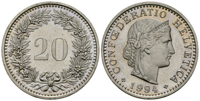 Швейцария 20 раппенов 1994 B KM 29a медно-никель 4171-1131