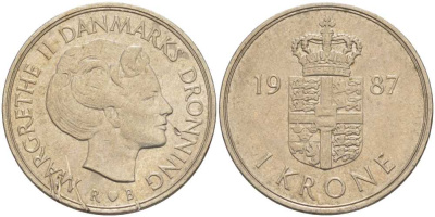 Дания 1 крона 1987 R;B, Маргрете II (1972- ) KM 862.3 медно-никель 3459-113