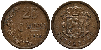 Люксембург 25 сантимов 1946 Шарлотта (1918-1964) KM 45 бронза 4538-836