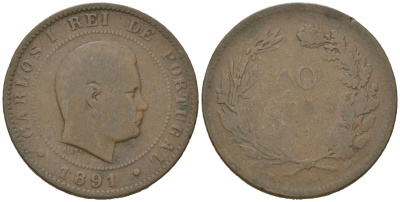 Португалия 10 реалов 1891 Карлуш I (1889-1908) KM 532 бронза 4171-1116