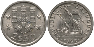 ПОРТУГАЛИЯ 2,5 ЭСКУДО 1982 ПАРУСНИК KM 590 медно-никель UNC 181-337