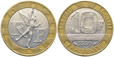 Франция 10 франков 1990 тип Гений Бастилии KM 964.1, Le Frank 375.5 биметалл 110-1037