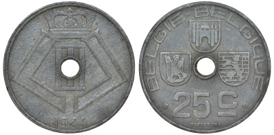 Бельгия 25 сантимов 1944 KM 132 цинк 217-722