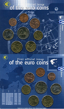 Греция евронабор из 8 монет 2002 официальный выпуск в пластике биметалл UNC 7-5-2-4