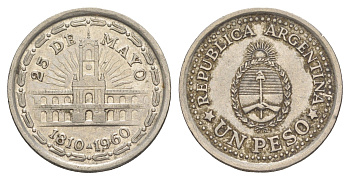 Аргентина 1 песо 1960 150 лет свержению Испанского Вице-короля KM 58 сталь плакированная никелем 4153-547