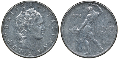 Италия 50 лир 1976 R, бог Вулкан у наковальни KM 95.1 нержавеющая сталь 4681-926