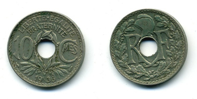 ФРАНЦИЯ 10 САНТИМОВ 1936 ТИП ЛИНДАЙЁ KM 866а медно-никель 84-334