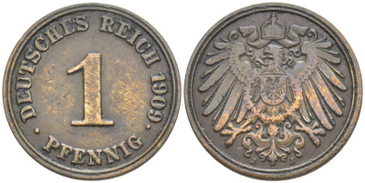 ГЕРМАНИЯ 1 ПФЕННИГ 1909 J KM 10, Jager. 10, Weege 2 медь 4528-1258