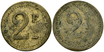 Франция 2 франка XIX-XX век ресторанный жетон латунь 4166-945