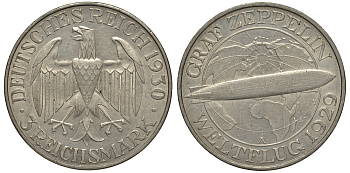Германия 3 марки 1930 A, полет дирижабля граф Цеппелин J. 342, KM 67 серебро 413-4533