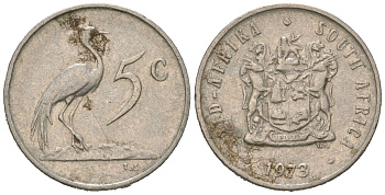 ЮАР 5 центов 1973 герб, райский журавль KM 84 никель 4618-436