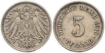 Германия 5 пфеннигов 1913 G, KM 11, J. 12 медно-никель 220-667