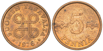Финляндия 5 пенни 1976 KM 45 медь 218-757