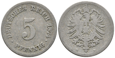 ГЕРМАНИЯ 5 ПФЕННИГОВ 1874 B, СТАРОГЕРБОВКА KM 3, J. 3 медно-никель 39-319