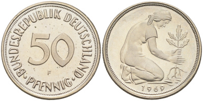 ФРГ 50 пфеннигов 1969 F J 384, KM 109.1 медно-никель  PROOF  1094-4-73