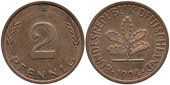 ФРГ 2 ПФЕННИГА 1994 А KM 106а, J. 381а медно-никель плакированный никелем 112-715