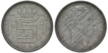 БЕЛЬГИЯ 5 ФРАНКОВ 1943 BELGES, ГЕРМАНСКАЯ ОККУПАЦИЯ, ВТОРАЯ МИРОВАЯ ВОЙНА KM 129.1 цинк 27-952