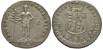 Брауншвейг-Люнебург-Каленберг-Ганновер 1/6 талера 1800 Георг III KM 401 серебро UNC 00-00