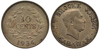 Саравак 10 центов 1934 Н, Третий Раджа Чарльз Вайнер Брук, Королевство Саравак (1846-1946) KM 16 медно-никель 1521-811
