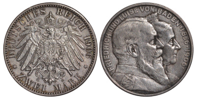 Баден 2 марки 1906 золотая свадьба Фридриха I и Луизы (1856-1906) J. 34, KM 276 серебро 413-3933