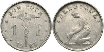 Бельгия 1 франк 1923 Belgique, Альберт I (1909-1934) KM 89 никель 51-1941