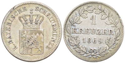 Бавария 1 крейцер 1869 Людвиг II (1864-1886) KM 487 серебро 201-1021