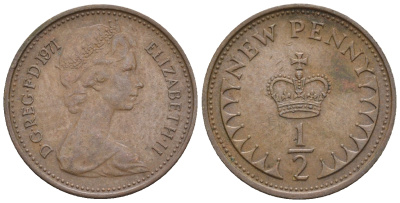 Великобритания 1/2 пенни 1971 Елизавета II (1952-2022) KM 914, Spink 4239 бронза 3309-1229