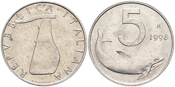 Италия 5 лир 1998 R, дельфин KM 92 алюминий  UNC  4594-823