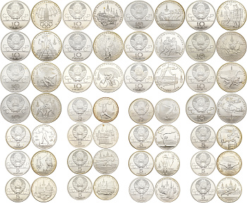 СССР полный комплект из 28 монет (по 5 и 10 рублей) 1977-1980 Летние Олимпийские игры 1980, в 5 оригинальных пластиковых коробках серебро UNC 8-1-06-01