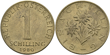 Австрия 1 шиллинг 1980 KM 2886 алюминиевая бронза 94-522
